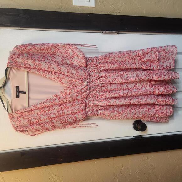 BCBG Dresses & Skirts - BCBG Paris Women's Pink Floral Print Cinched Waist Ruffle Dress - Size Large